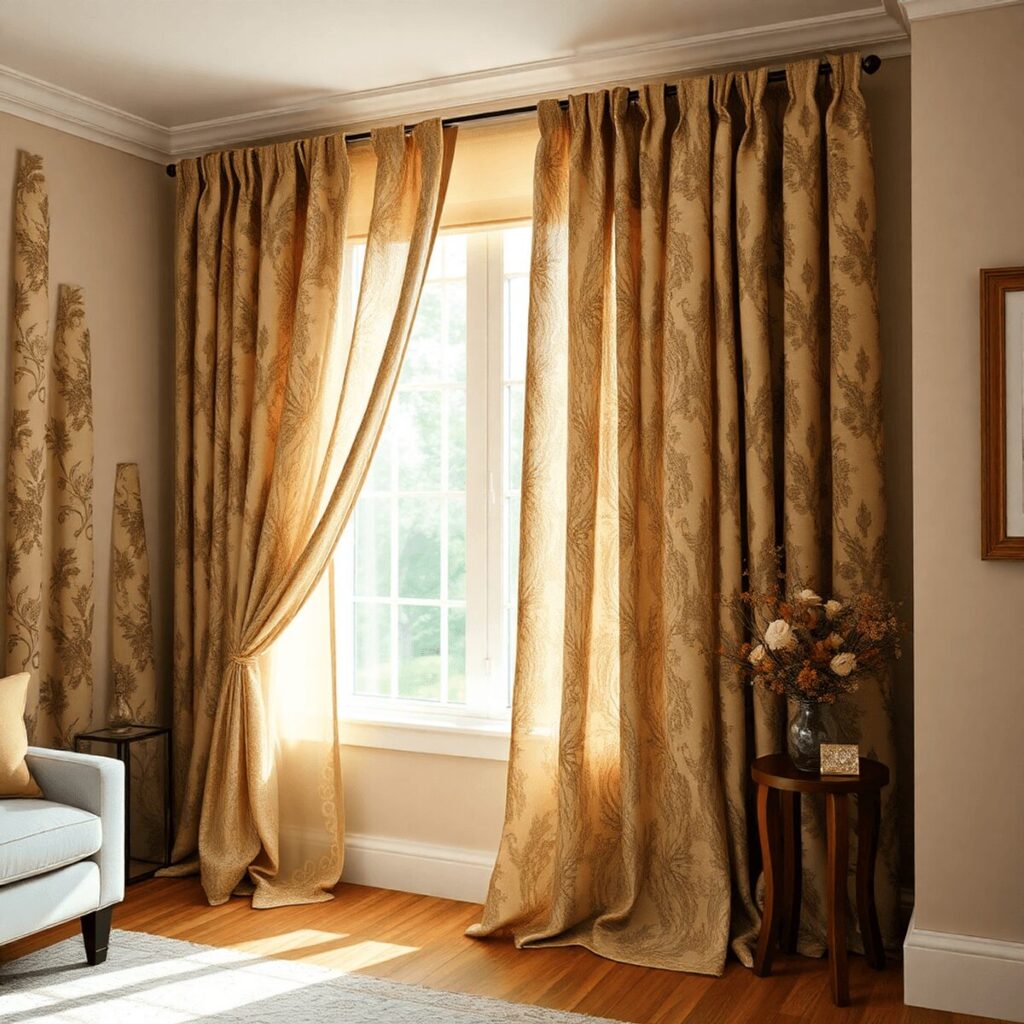 A cozy room with custom curtains in luxurious fabrics, draped elegantly over a window, allowing warm natural light to filter through, creating an i...