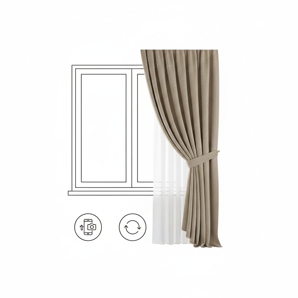 Brown curtain pulled to one side over a sheer white curtain, with a simple black and white drawing of a window and two icons below it.